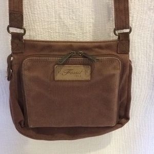 Fossil brown canvas/denim & suede crossbody bag